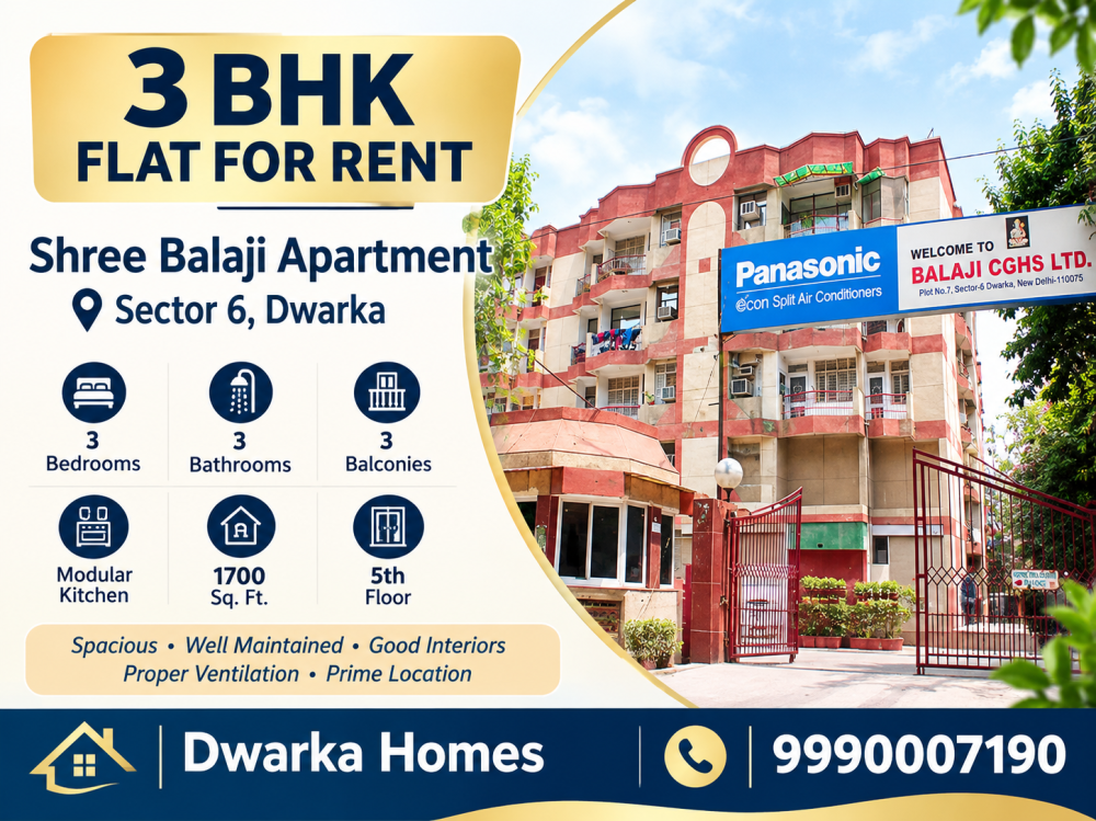 3 bhk flat for Rent in Shree Balaji Apartment Dwarka Sector 6 